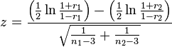 Standard score (z-value) for the difference between two correlations formula